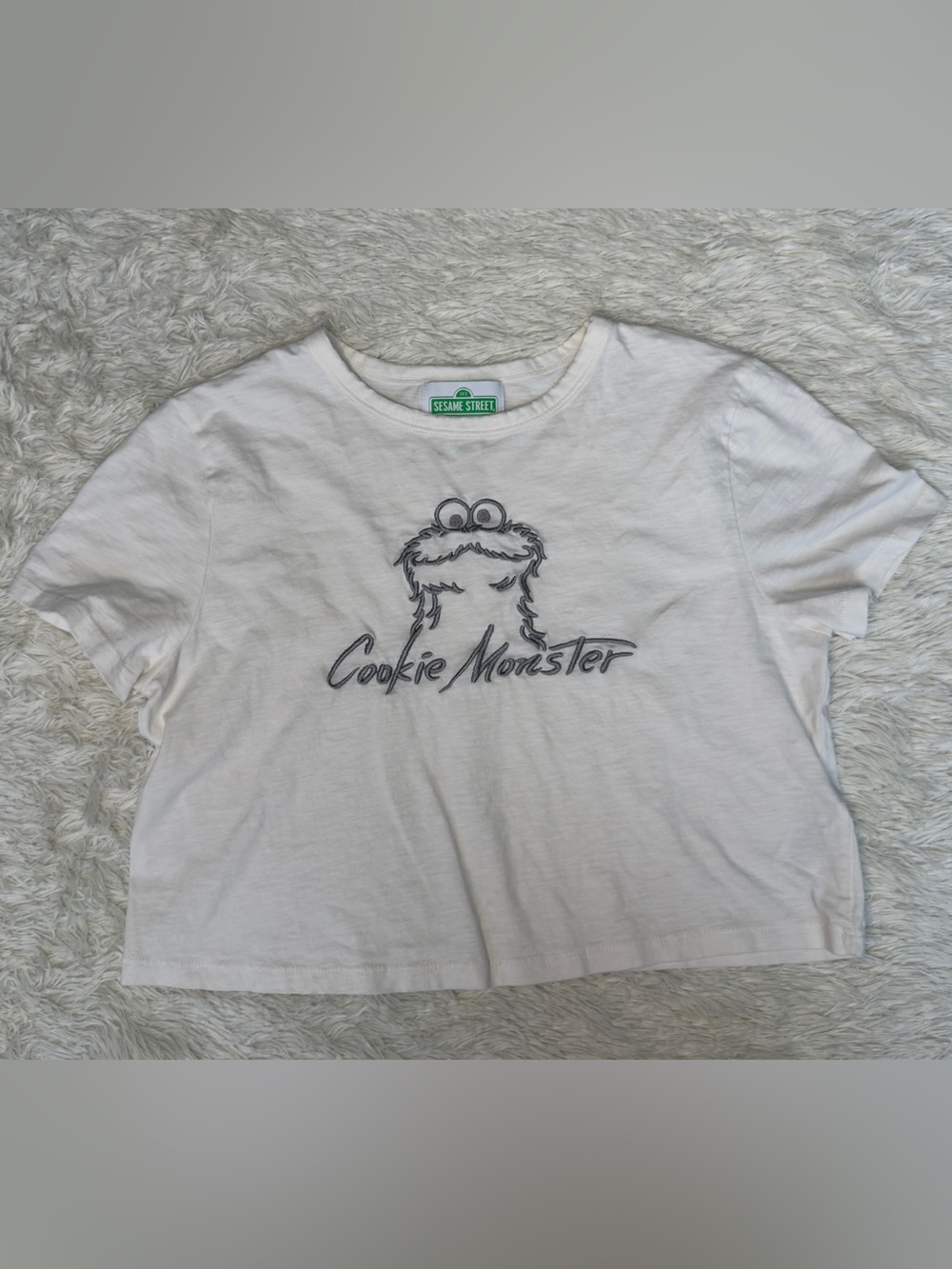 Sesame Street White Crop Top with Cookie Monster Sketch